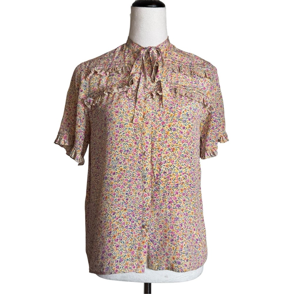 Vintage Silk Floral Blouse Cottagecore Prairie Neck Tie Ruffle Short Sleeve 8